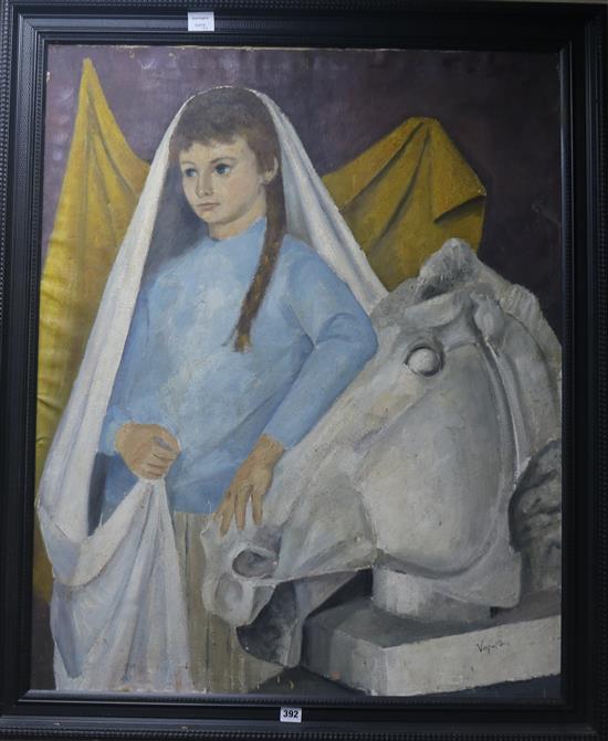 Vaz Pinez Diaz Girl beside a horse head sculpture 99 x 80cm